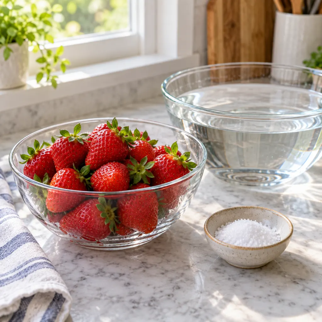 Fresh strawberries beside bowls of water and salt on a clean kitchen counter.