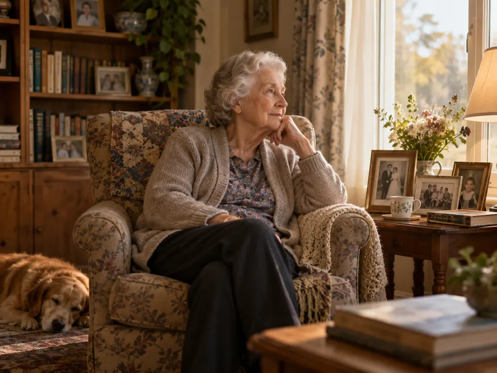 An older adult sitting in an armchair next to framed family photos, gazing out a sunlit window in quiet reflection