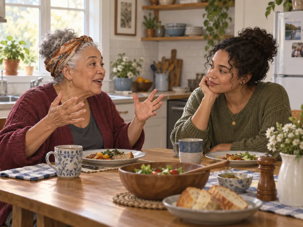 An older adult gesturing expressively during a story while a younger family member listens patiently at a kitchen table