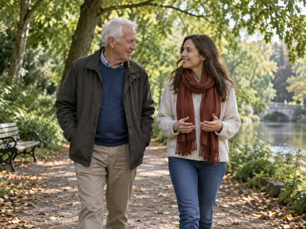 An older adult and a younger adult walking side by side on a leafy park path, in easy conversation