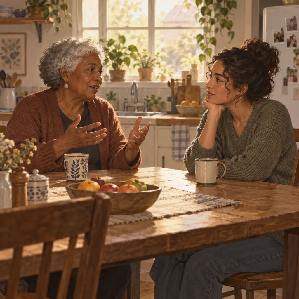 An older adult and a younger adult seated across from each other at a kitchen table, mid-conversation