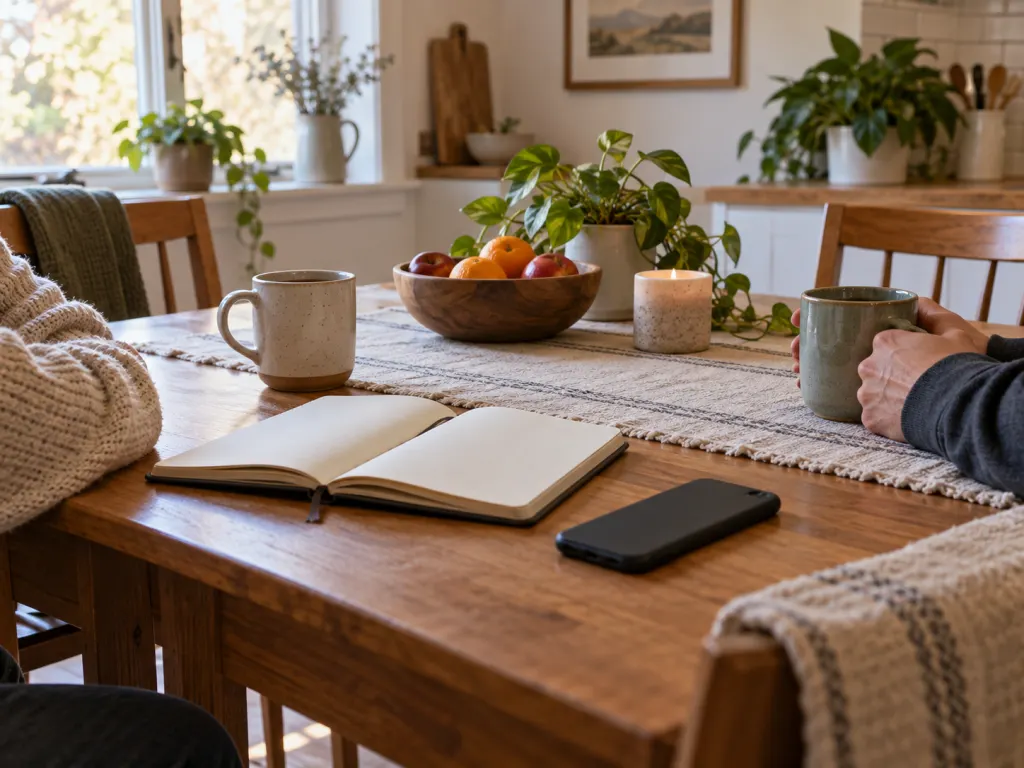 A kitchen table set for a calm conversation with mugs, a notebook, and a phone face down.