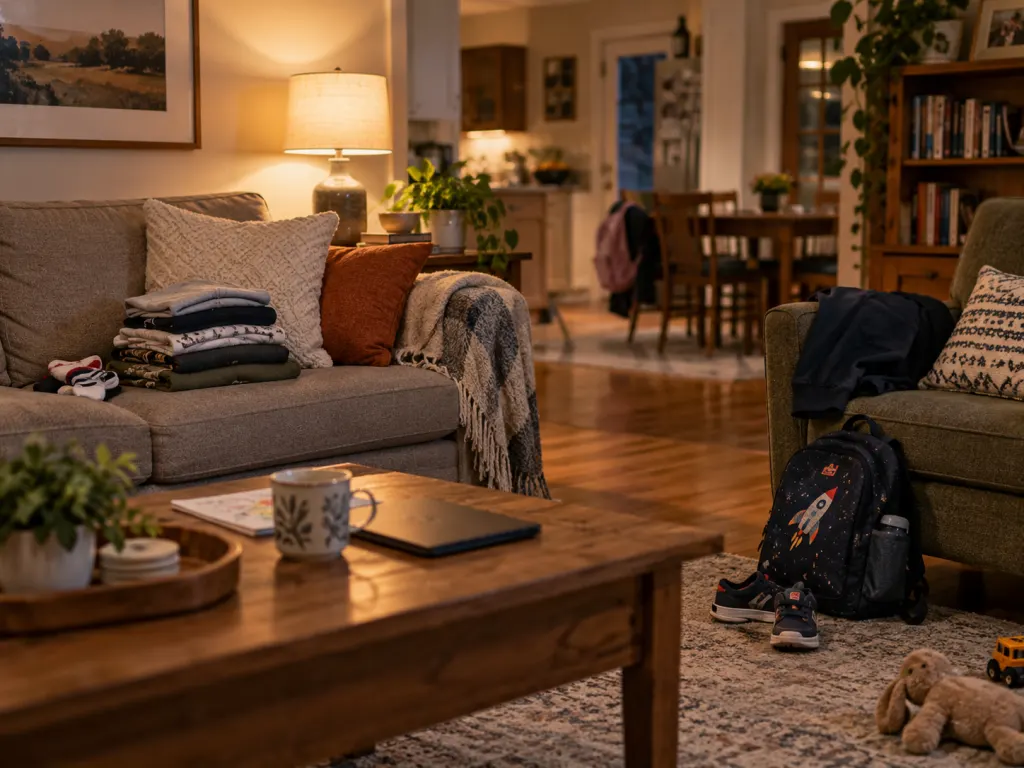 A lived-in family living room with laundry, a backpack, and warm lamplight after a busy day.