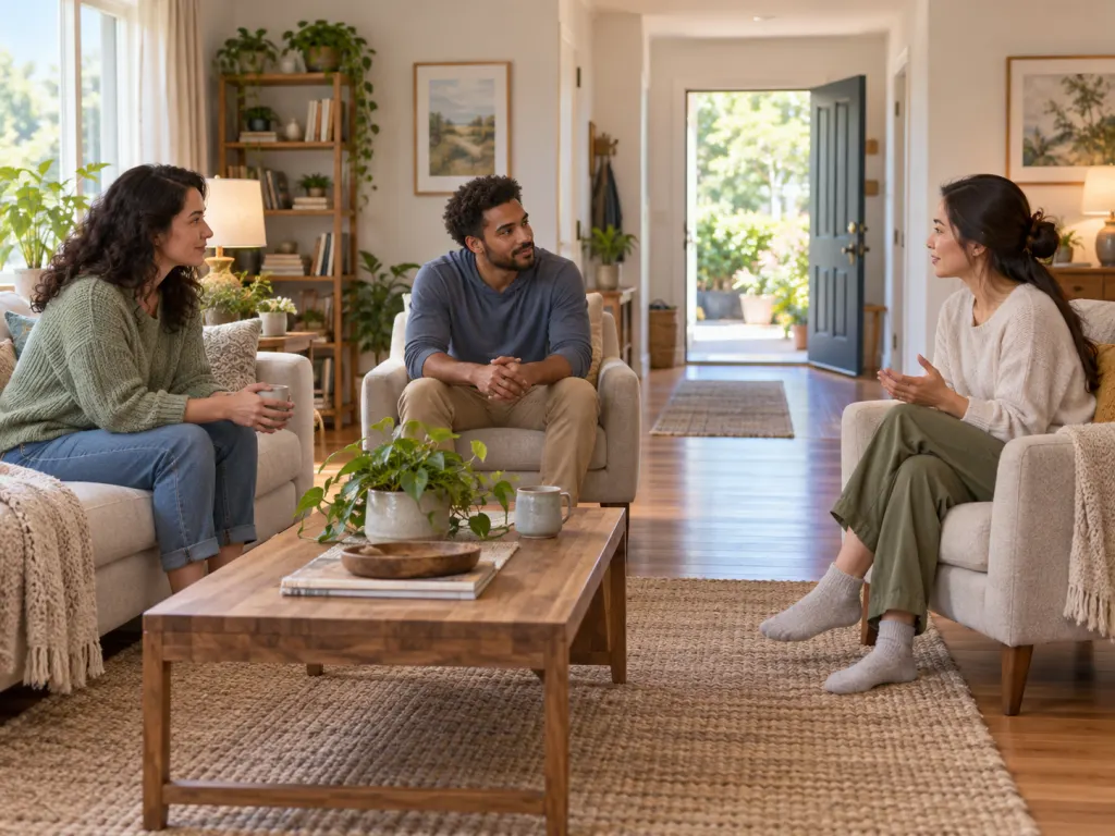 An illustration of three people in a room turned toward each other for a careful conversation.