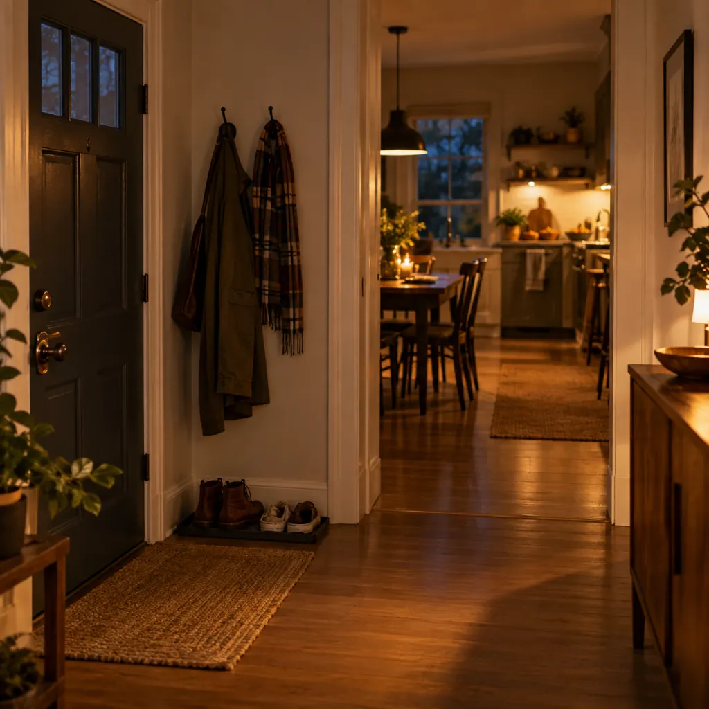 A quiet home entryway at dusk with shoes, a coat, and a warmly lit kitchen beyond.