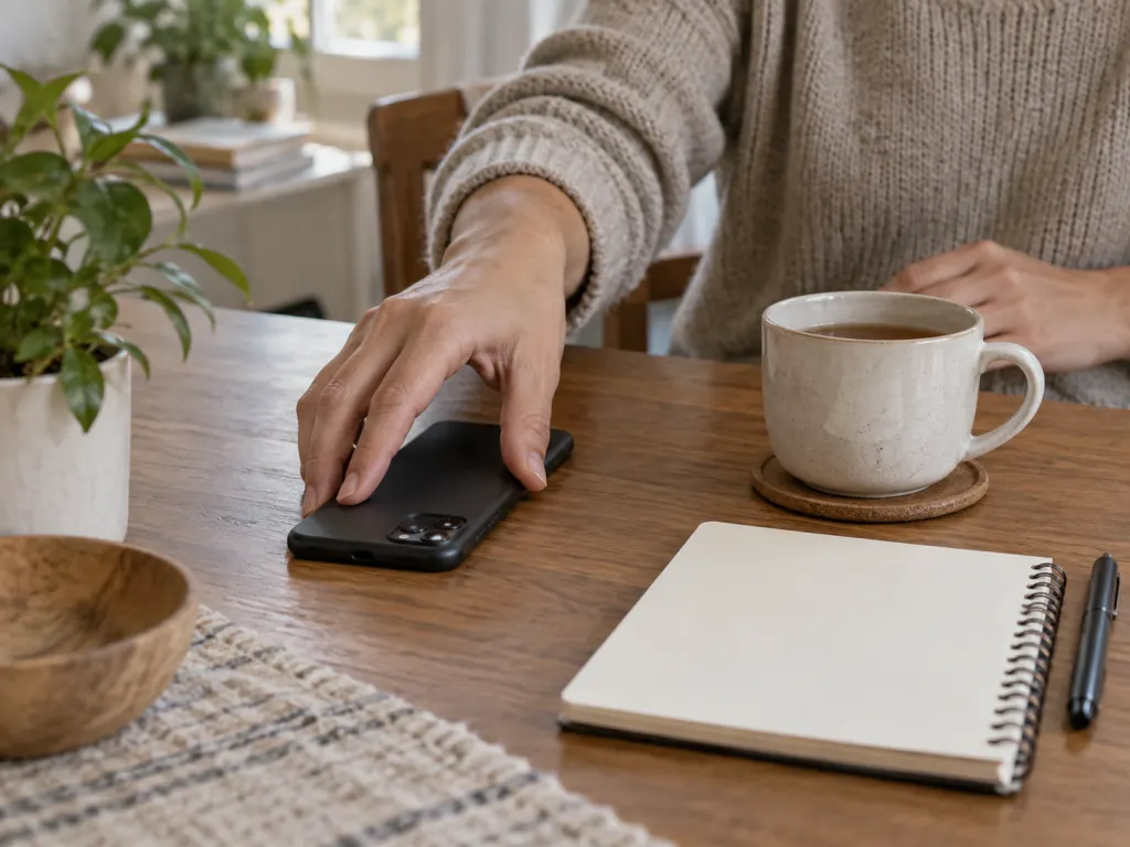 Hands set a smartphone beside a notepad to pause before responding to a message.