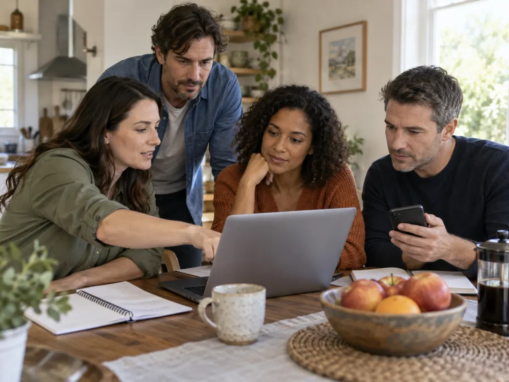 A small group checks a laptop and phone together while discussing an online claim.