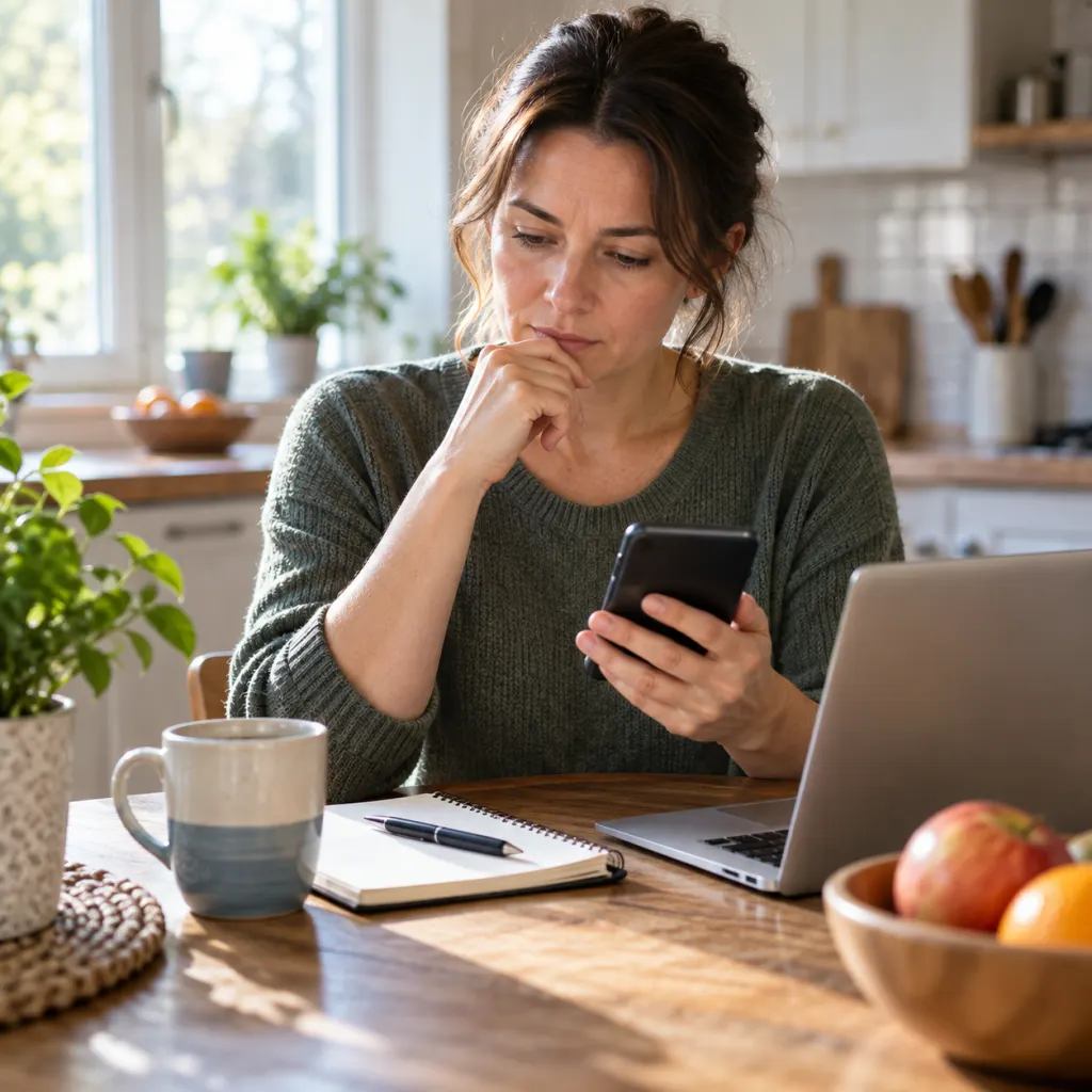 A person calmly checking a phone message beside a laptop and notebook before taking action.