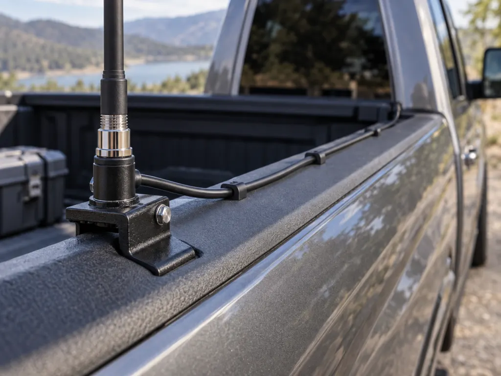 Close-up of a truck bed rail antenna mount with a cable routed toward the cab.