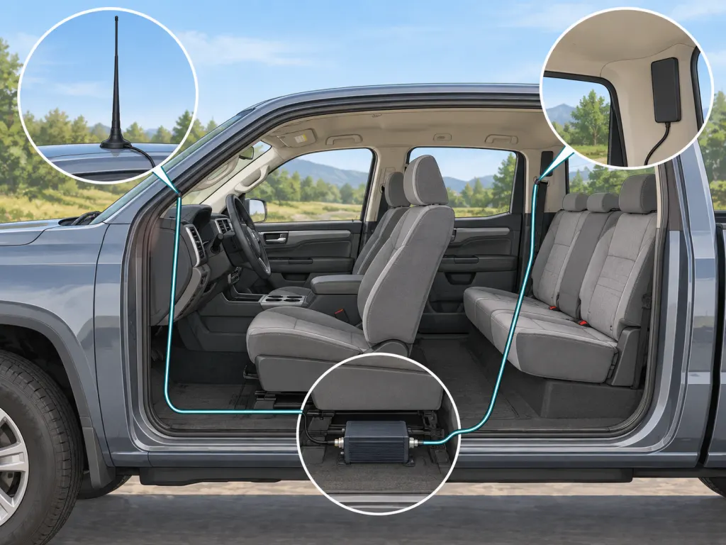 Illustration of a truck cellular booster setup with outside antenna and small interior hardware.