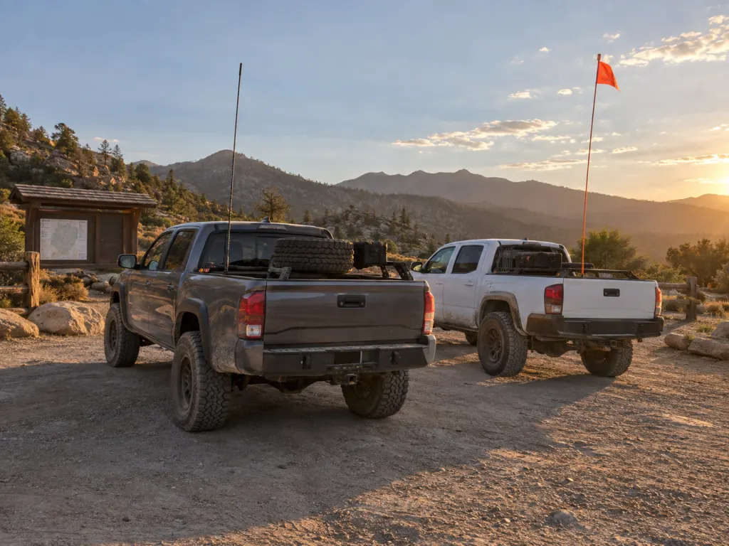 Two trail trucks with tall whip antennas and a visibility flag at an outdoor staging area.