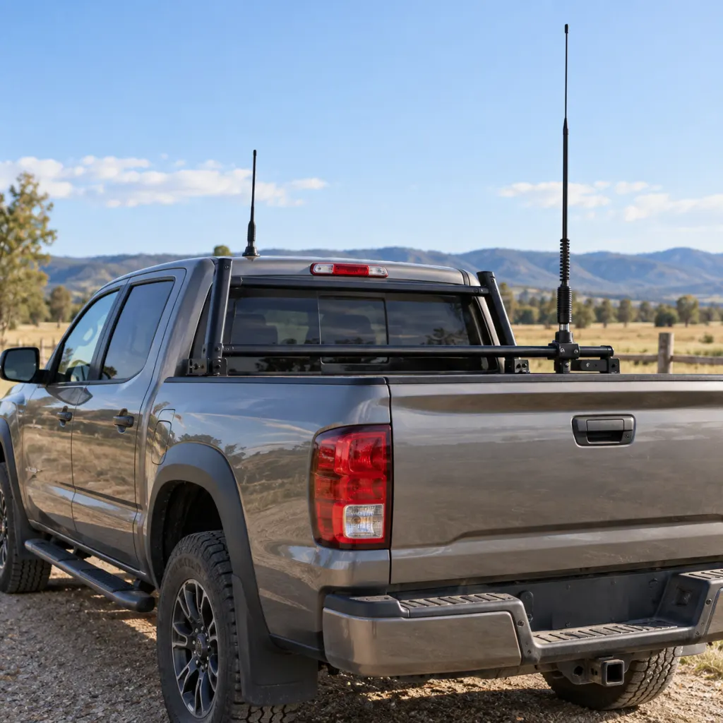 Pickup truck with slender antennas mounted behind the cab on a rural roadside.