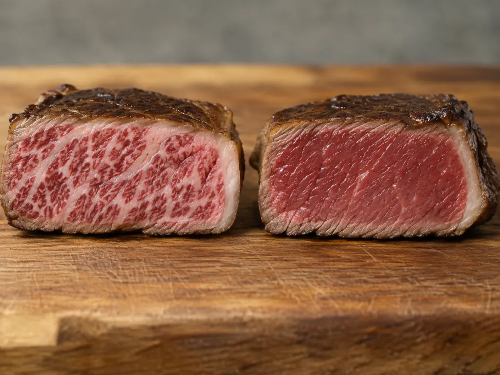 Two beef steak cross-sections side by side showing different amounts of fat marbling