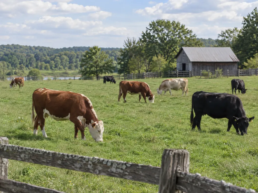Cattle grazing on a green pasture with a barn in the background