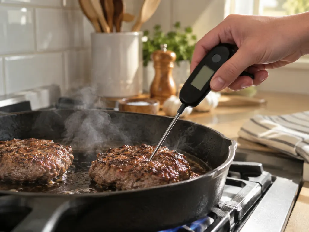 A food thermometer being inserted into a ground beef patty cooking in a skillet
