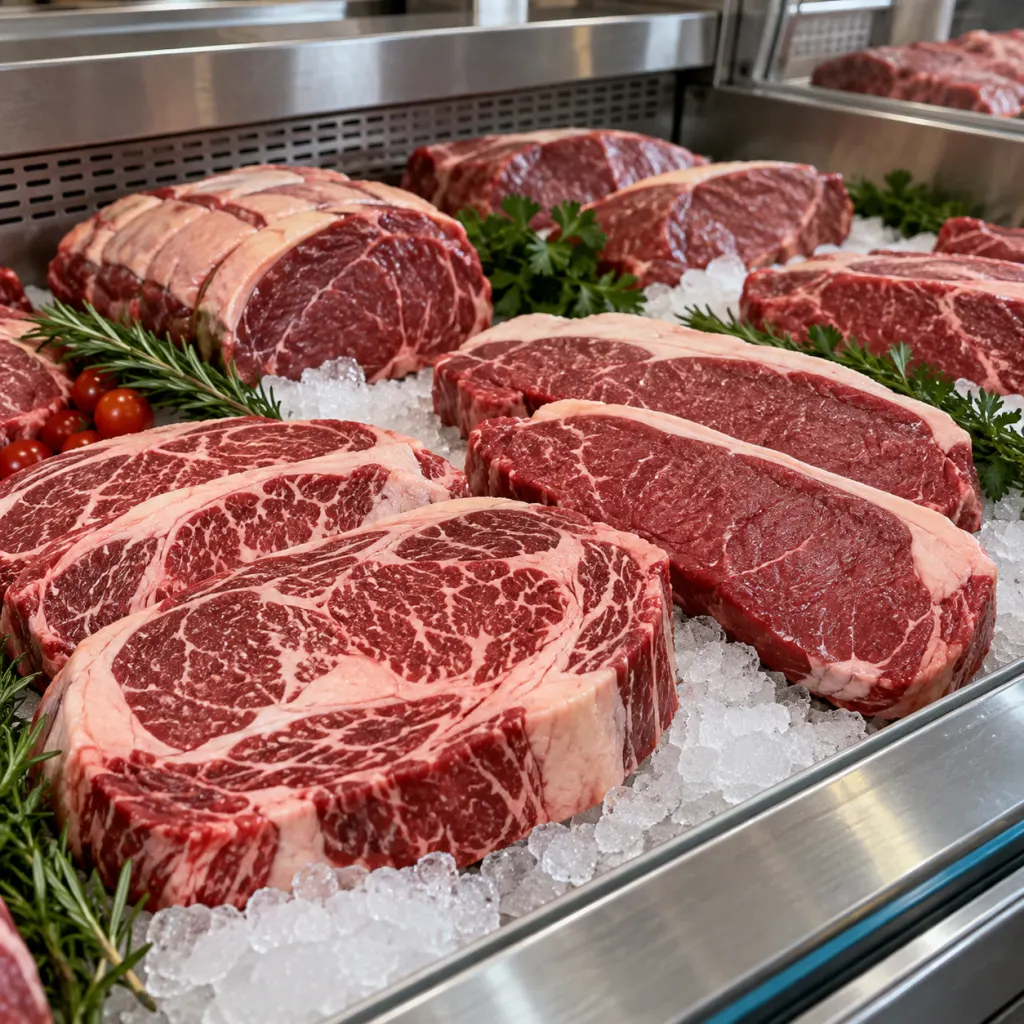 Several cuts of raw beef steak displayed on ice in a butcher case