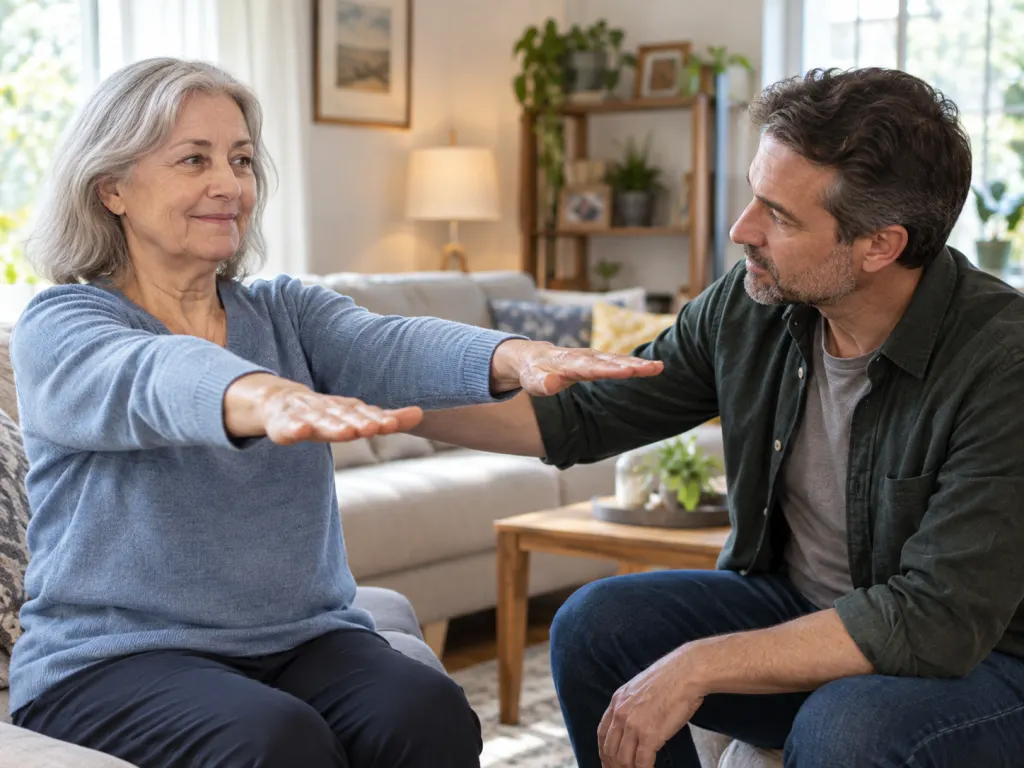 A family member calmly checks face and arm movement for possible stroke signs.