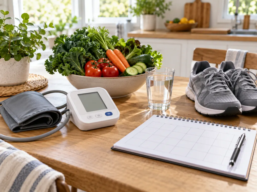 Everyday items representing blood pressure checks, activity, healthy food, and routine care.