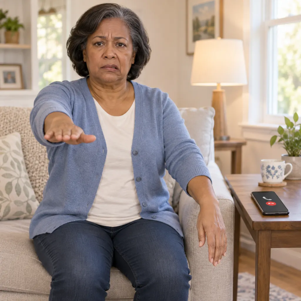 Calm illustration of a person with possible stroke warning signs near an emergency phone.