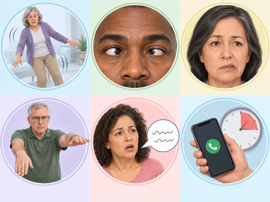 An educational illustration showing common stroke warning sign categories through simple gestures.