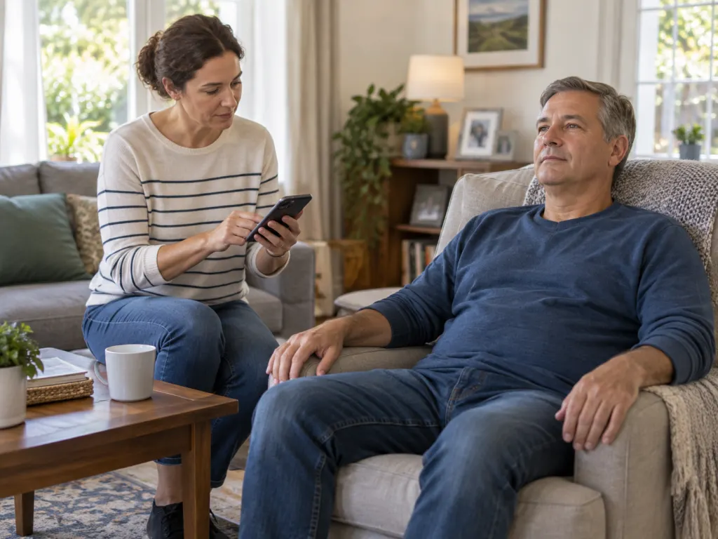 A person notes the time while helping someone with possible stroke symptoms wait safely.