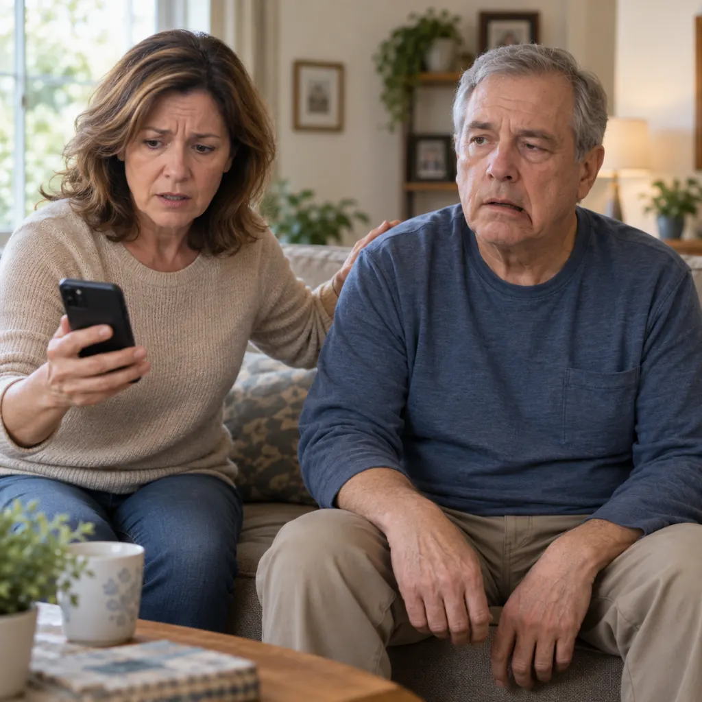 A family member helps an adult who may be showing a sudden stroke warning sign.