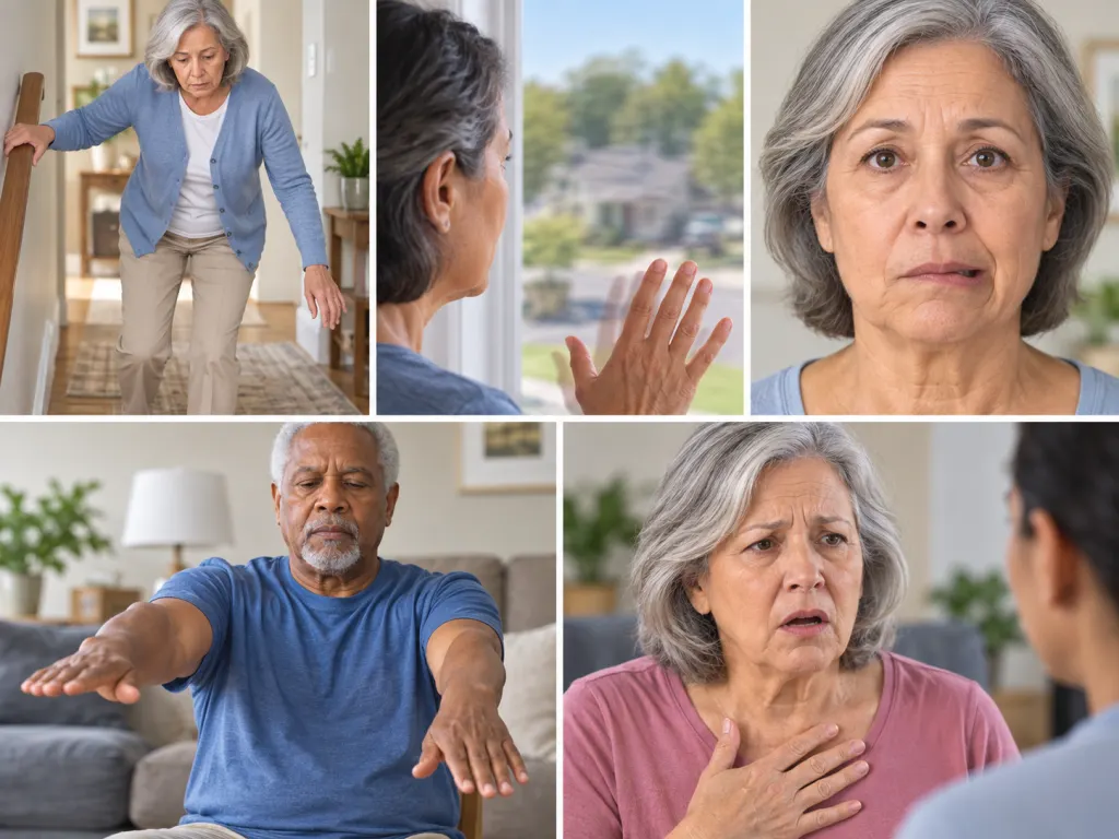 Illustrated household scenes showing balance, vision, face, arm, and speech changes that may suggest stroke.