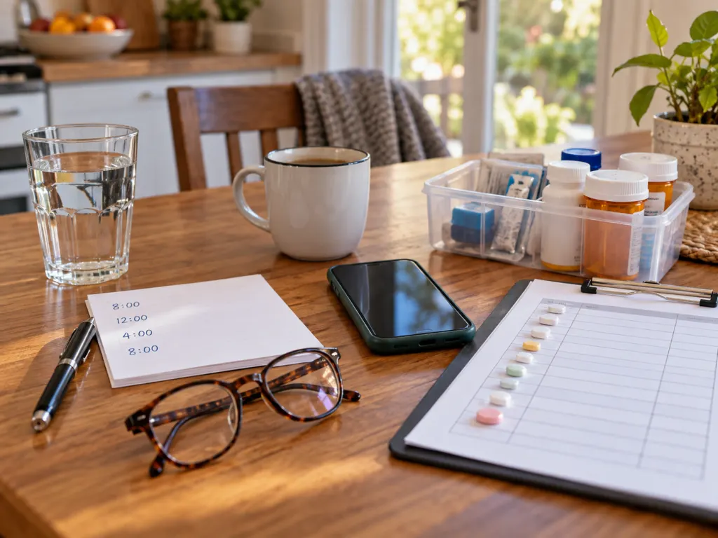 A table prepared with a phone, glasses, and emergency information items for responders.