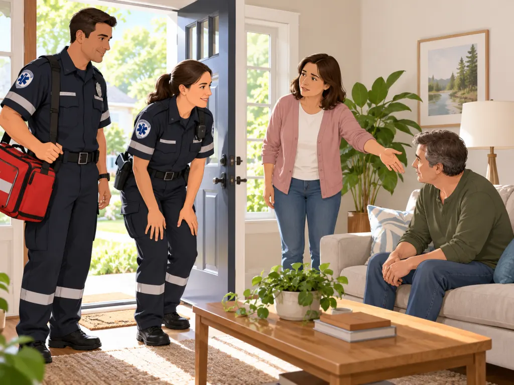 Illustration of emergency responders arriving at a home to assess a person with possible stroke symptoms.