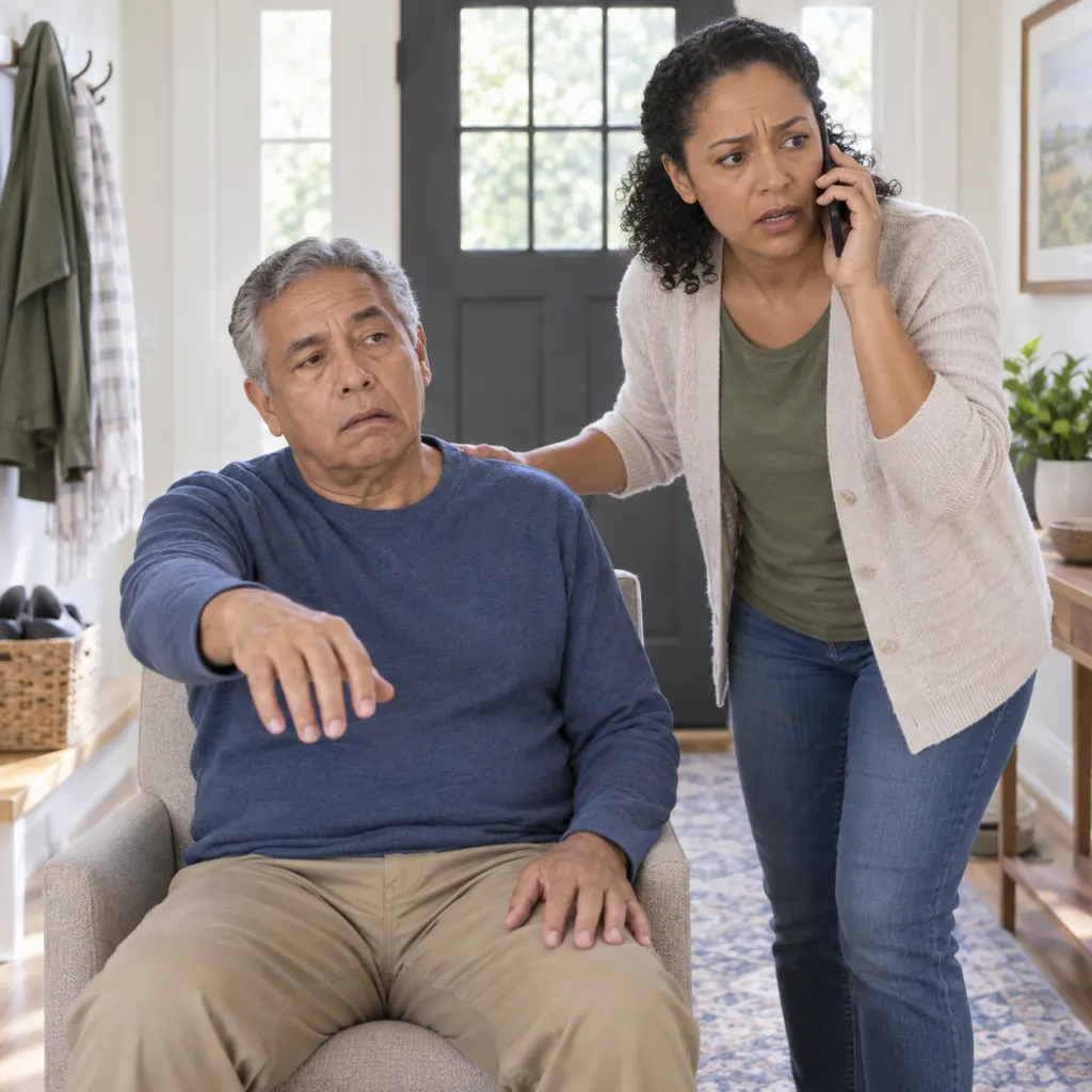 Illustration of a person seated safely while another person calls for emergency help after sudden stroke-like symptoms.