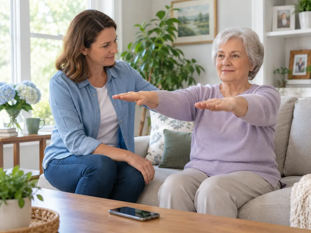 A person checks arm strength for a possible stroke warning sign at home.