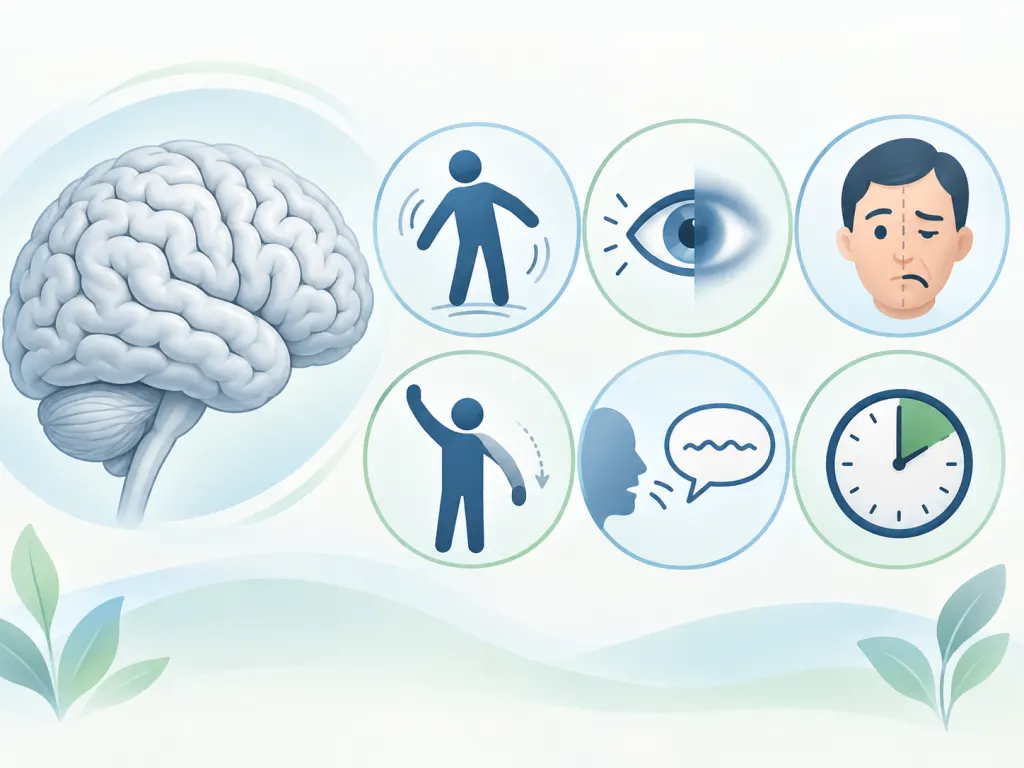Unlabeled icons show balance, vision, face, arm, speech, and time cues.