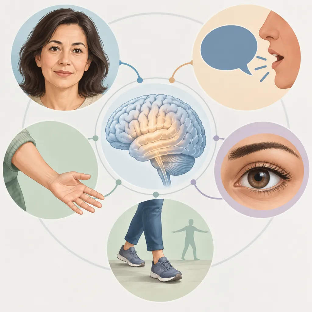 Calm illustration of common stroke warning areas around a brain silhouette.