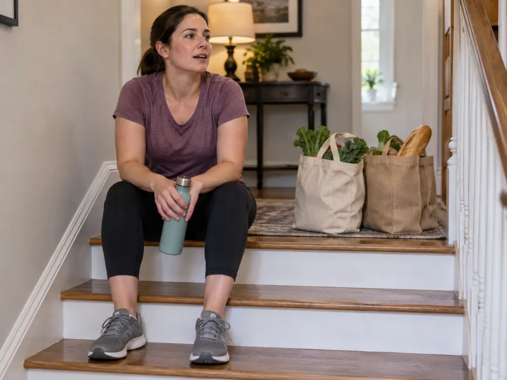 A person rests on a stair landing beside groceries, illustrating fatigue or breathlessness during routine activity.