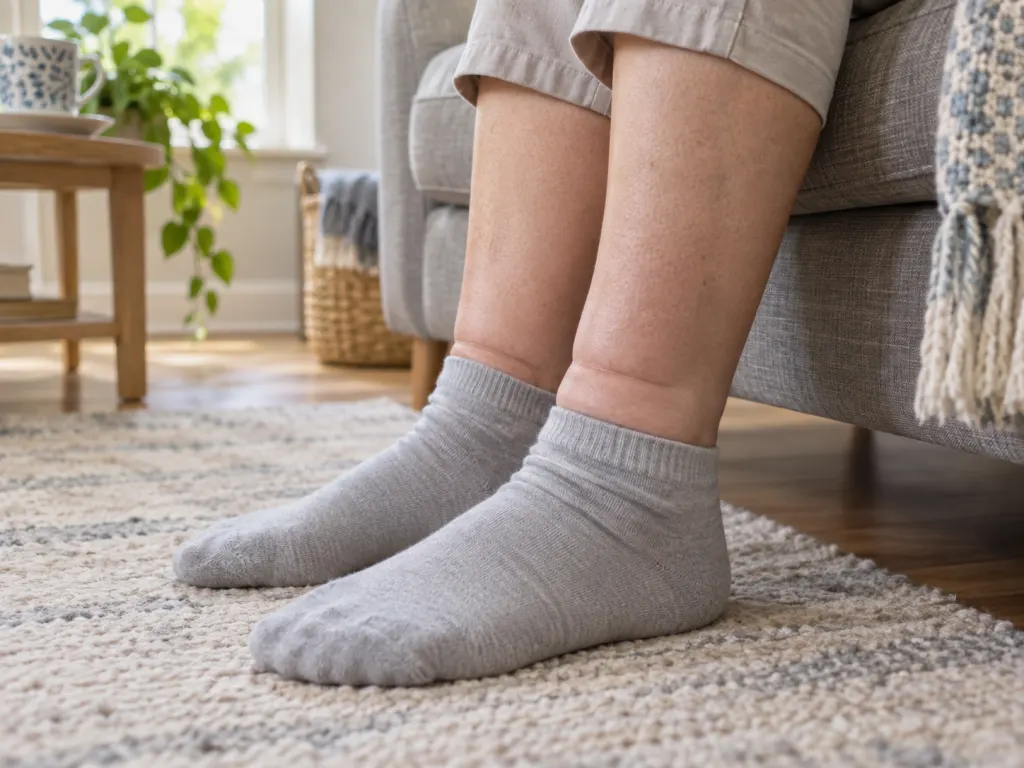 Lower legs near a sofa show mild sock impressions, illustrating swelling that may be worth tracking.