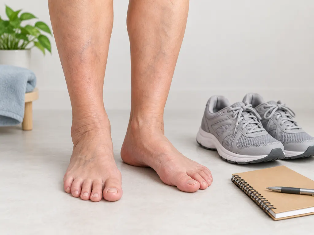 An educational illustration of legs, feet, walking shoes, and a notebook representing circulation changes to discuss with a clinician.