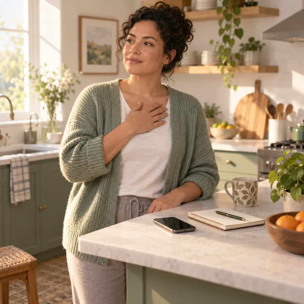 A calm adult pauses at home with a notebook and phone nearby, suggesting attention to subtle heart health changes.
