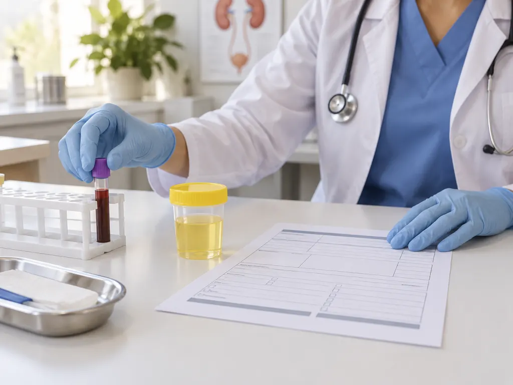 Kidney function testing materials arranged on a clean clinic desk.