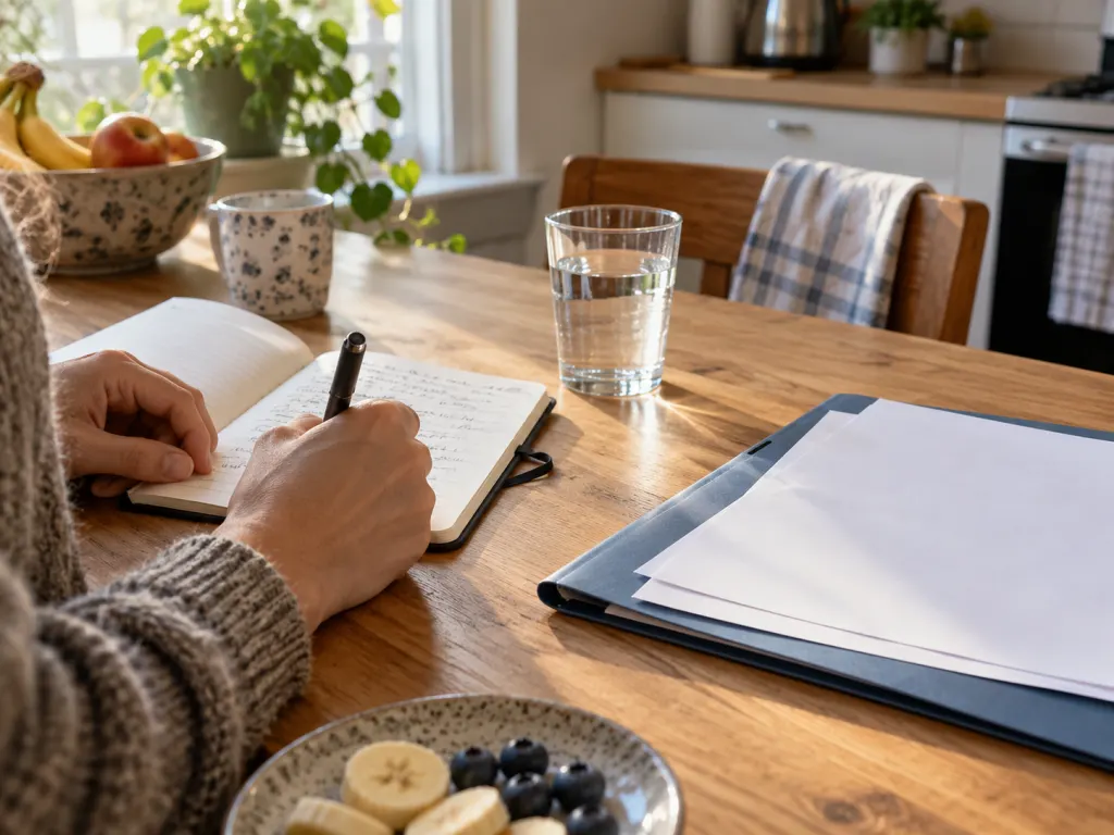A person tracking symptoms and lab paperwork at a kitchen table.