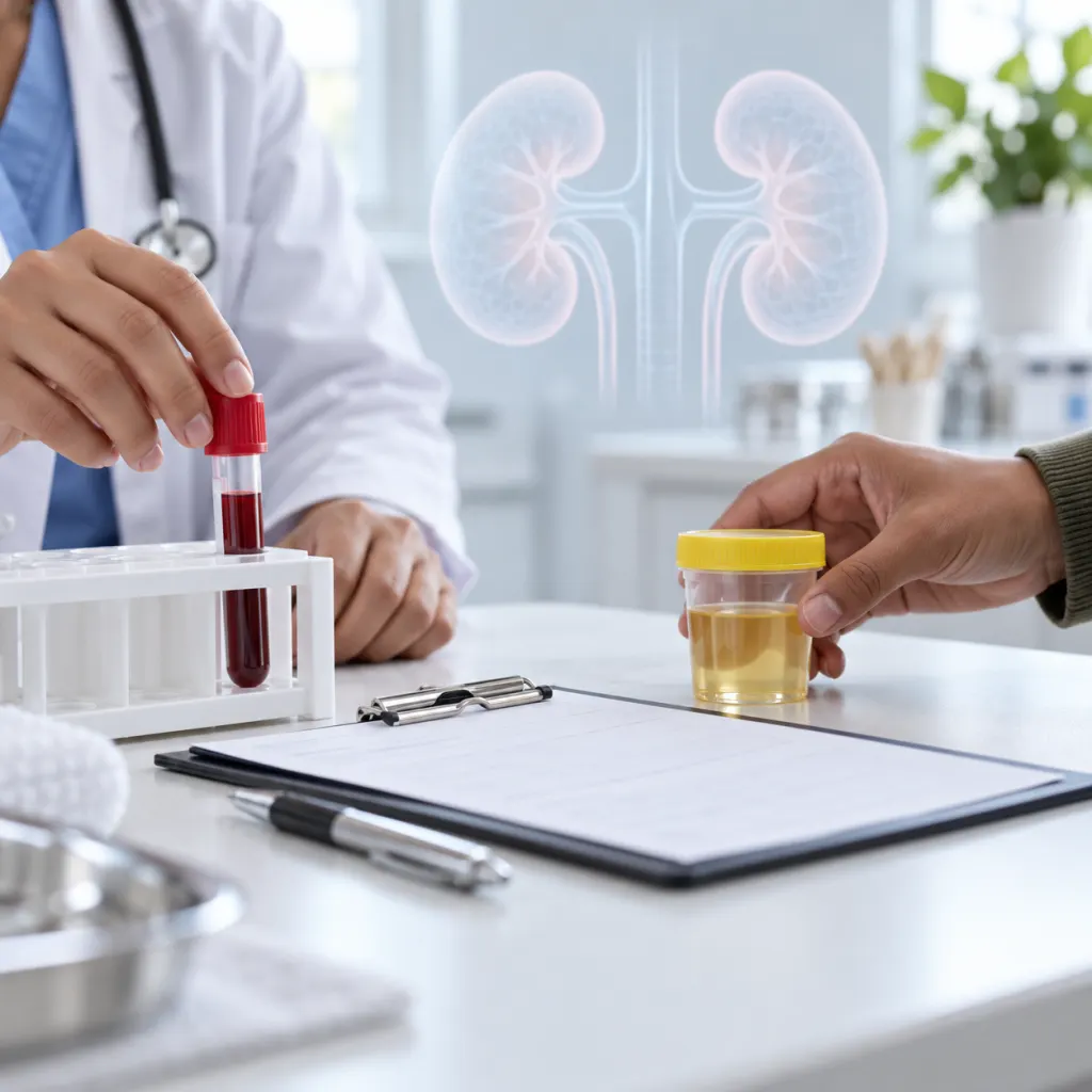 A calm kidney health testing scene with lab samples and a clipboard.
