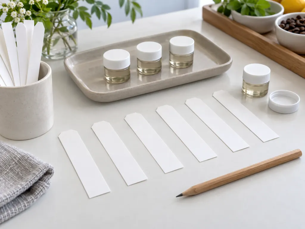 Unmarked scent cards and small jars arranged for smell identification testing