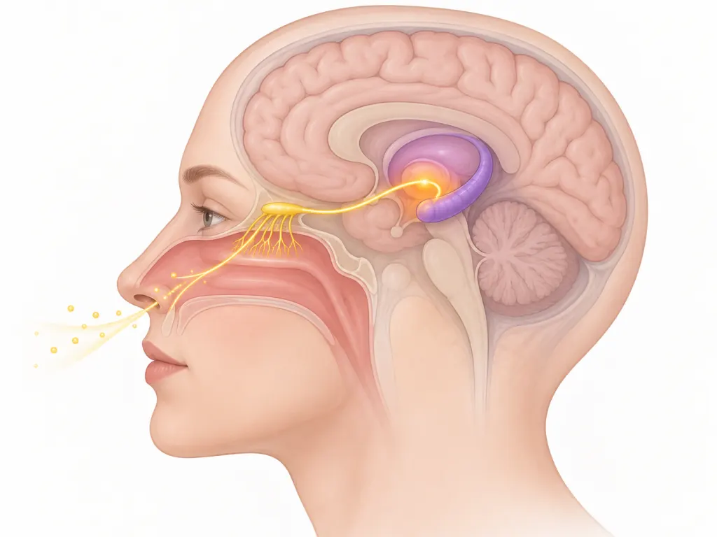 Educational illustration of smell pathways connecting the nose and brain
