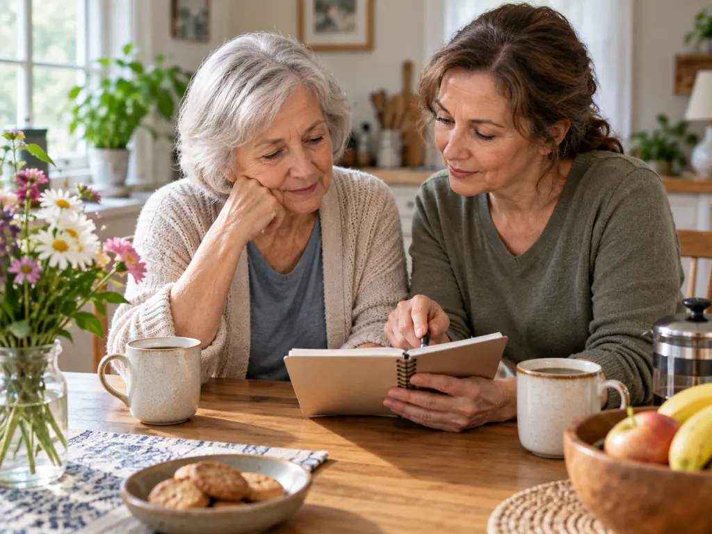 Older adult and family member calmly reviewing notes about smell changes