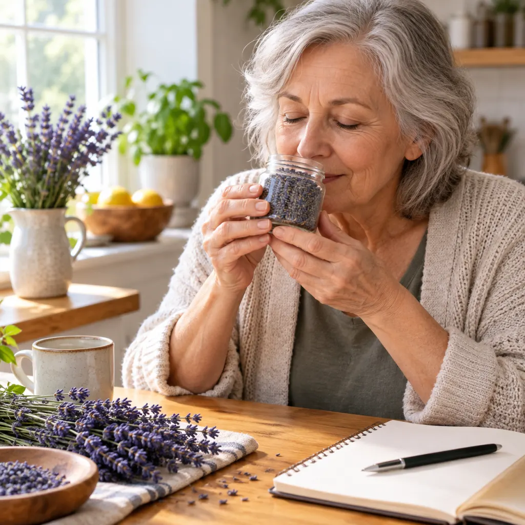 Older adult smelling a small jar while keeping notes at a kitchen table