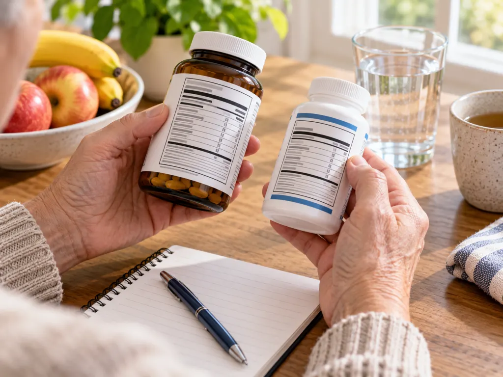 Hands comparing supplement labels with a notebook and pen.