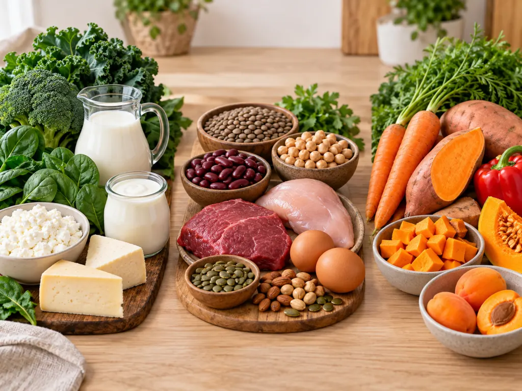 Grouped foods representing calcium, iron, and vitamin A sources.