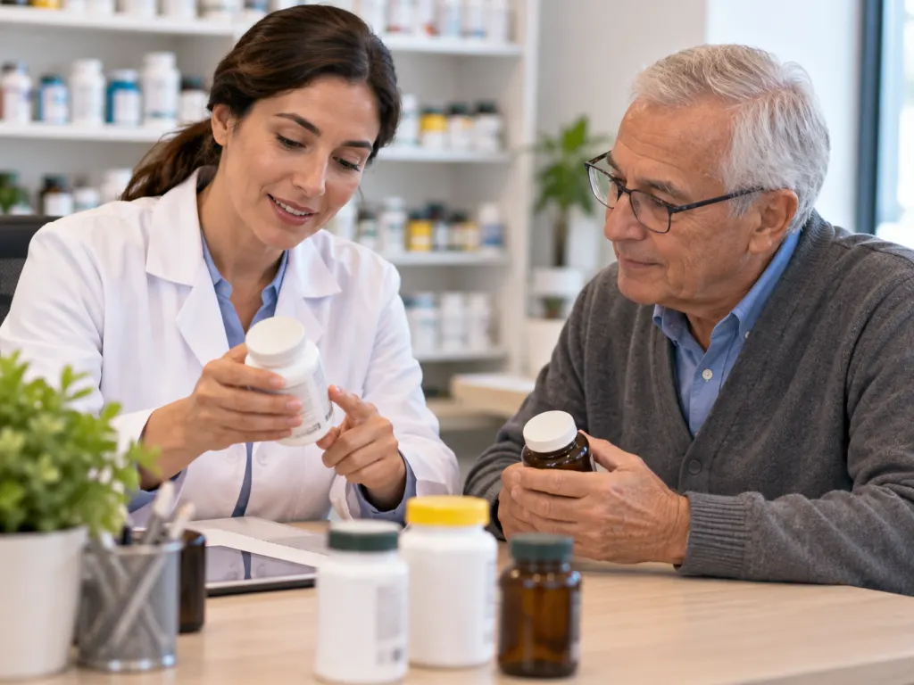 A professional and an older adult reviewing supplement bottles together.