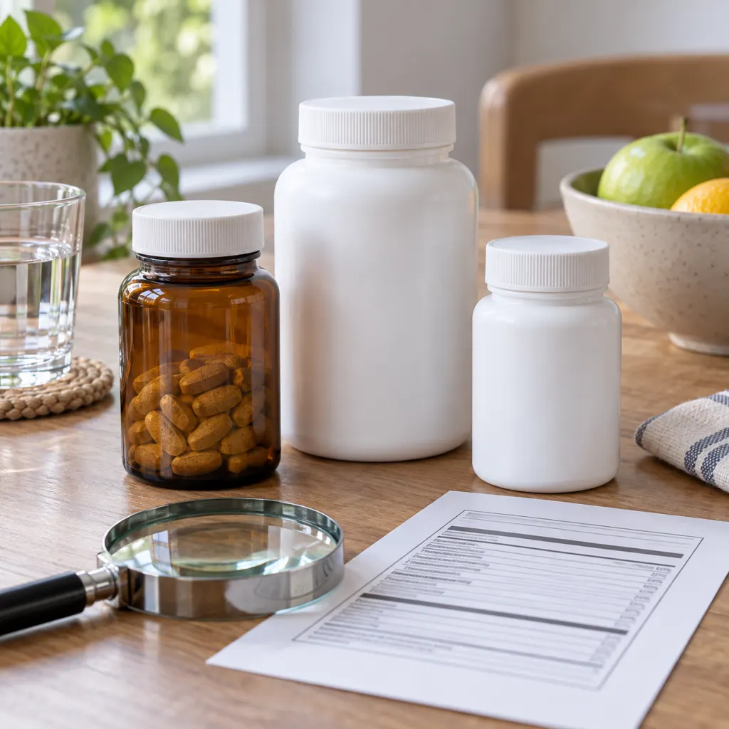 Three supplement bottles with a magnifying glass on a kitchen table.