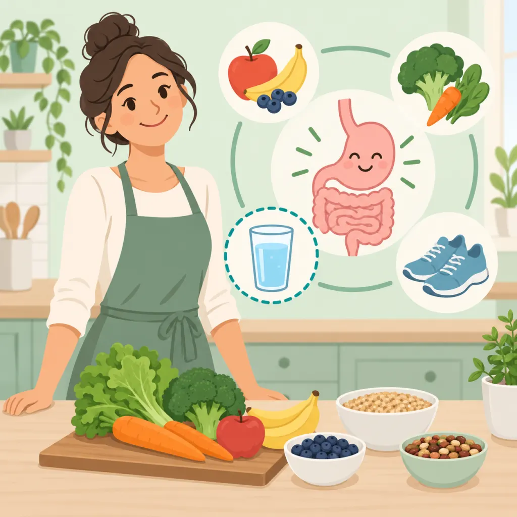 Illustration of a person surrounded by fiber-rich foods, water, and walking shoes representing healthy digestion habits.