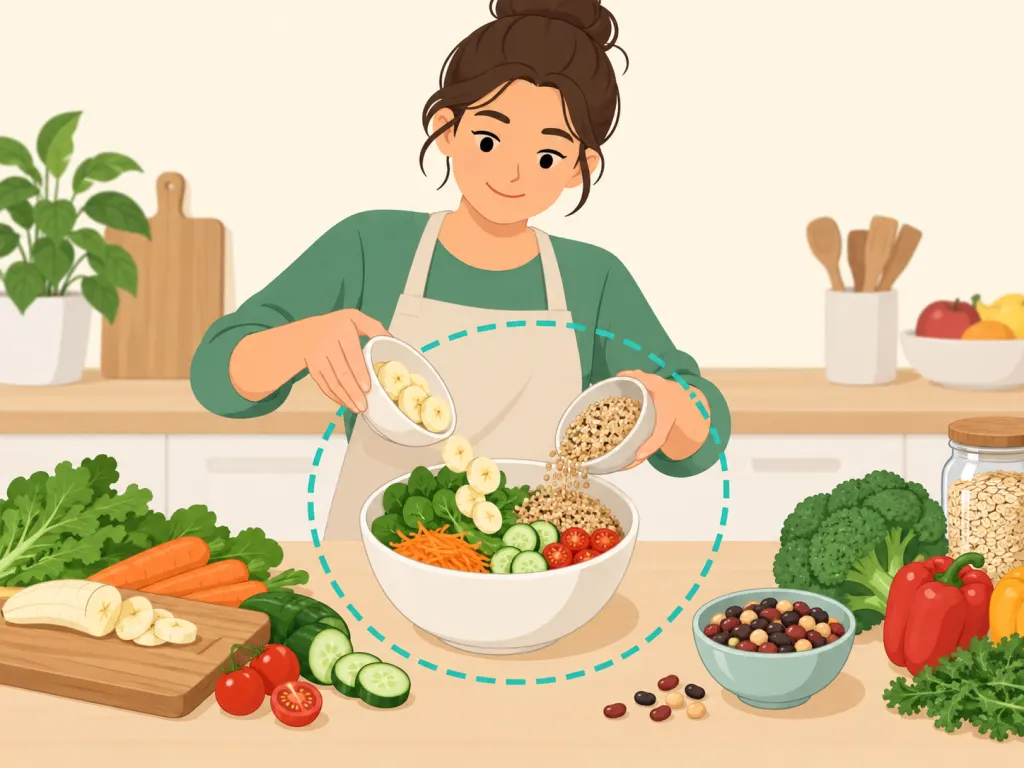 Person adding fiber-rich fruits, vegetables, and whole grains to a bowl.
